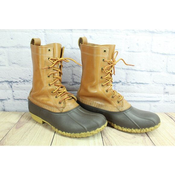 LL Bean Women's Brown Leather Lace Up Unlined Mid Calf Duck Boots Size 9 M - Picture 3 of 10